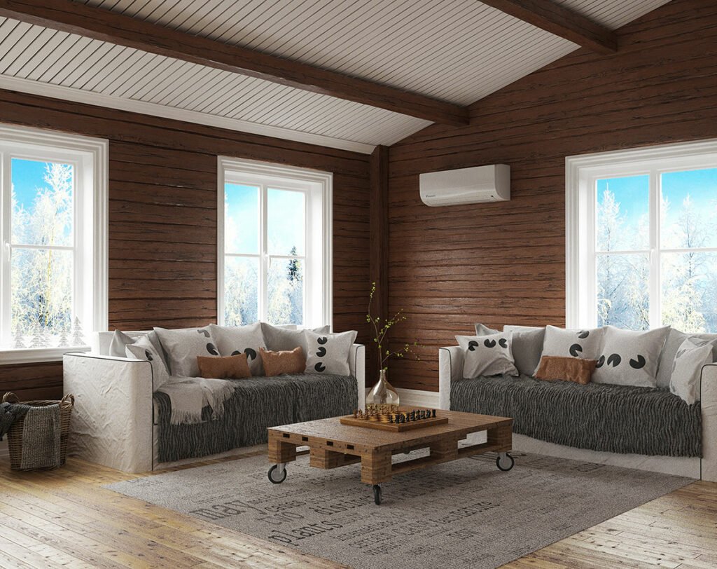 Daikin varmepumpe innedel montert på vegg i moderne rom